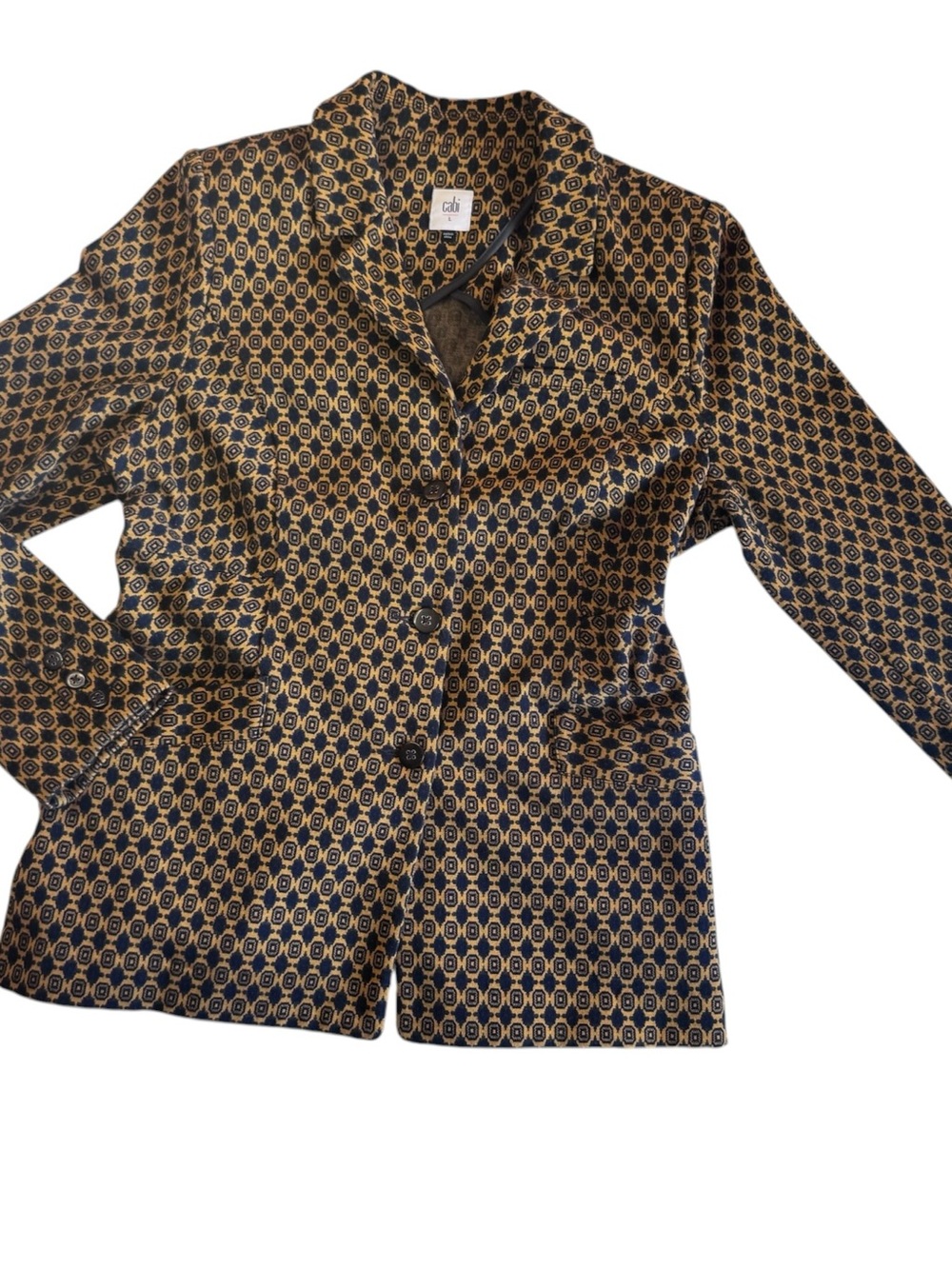 Cabi Women’s L Geometric Jacquard Blazer Jacket Mustard Navy Cotton Stretch